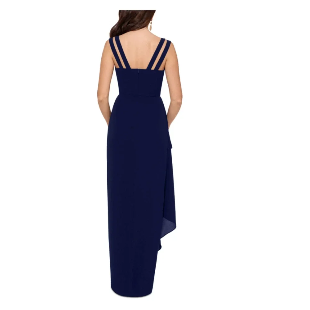 XSCAPE Navy Blue Ruched Crepe Gown NWT‎ Sz 14 Square Neck Hi-Lo Slit Formal Prom